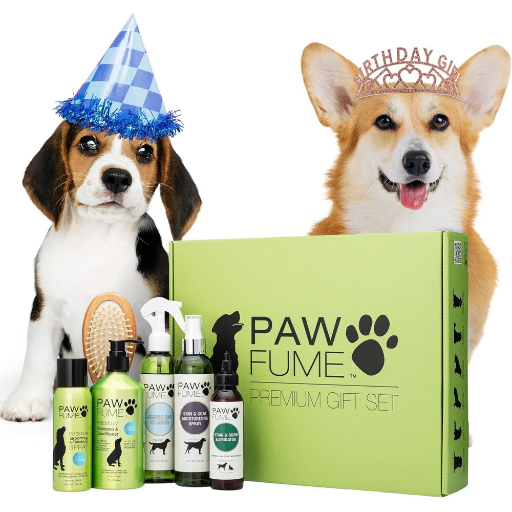 Pawfume Dog Gift Basket Premium Six Piece Grooming Kit With Probiotic Deodorizer Spray Hypoallergenic Grooming Mist And Premium Ergonomic Pet Brush
