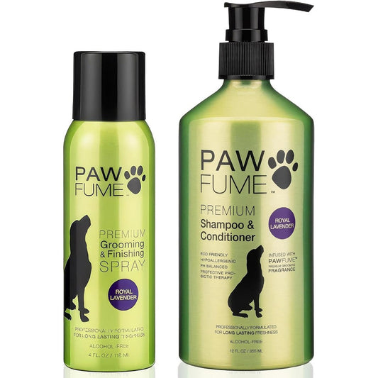 Paw Fume Royal Lavender Grooming Set Includes Four Ounce Dog Spray And Twelve Ounce Dog Shedding Shampoo And Conditioner