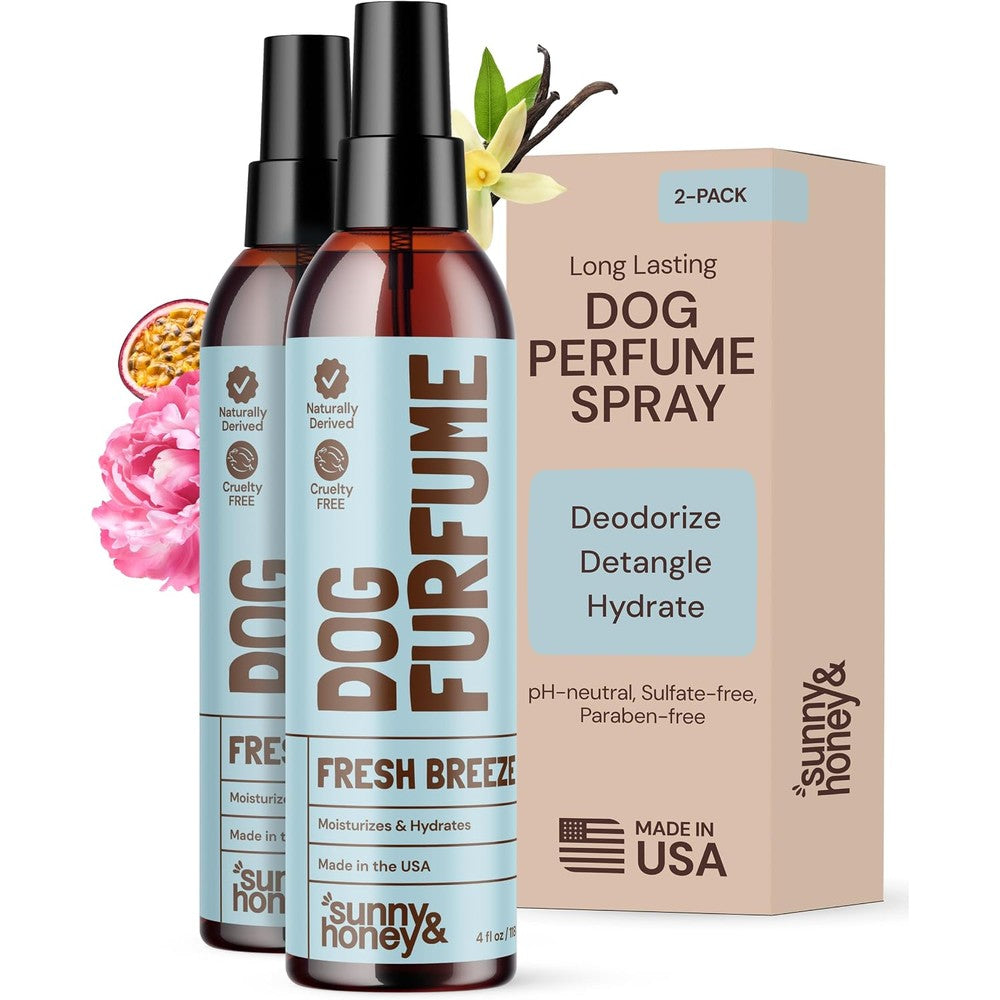 Sunny & Honey Dog Perfume Spray Long Lasting Deodorizing Detangling Hydrating Cologne Fresh Breeze Scent Four Fluid Ounce Two Pack