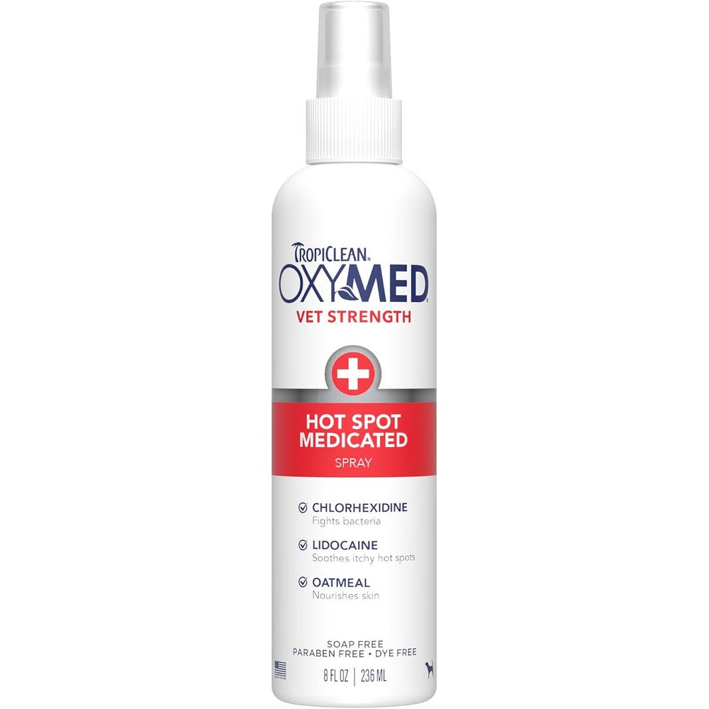 TropiClean OxyMed Hot Spot Spray For Dogs Skin Comfort Grooming Spray With Chlorhexidine Lidocaine And Oatmeal Fragrance Free 8 Ounce
