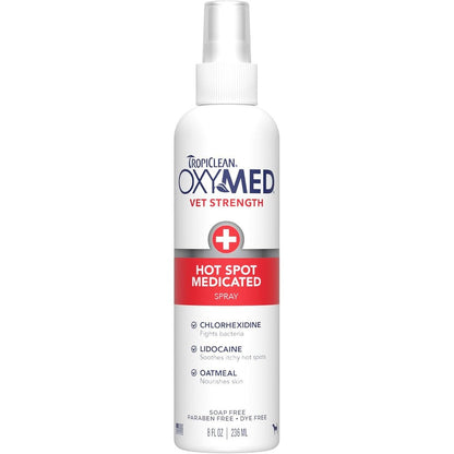 TropiClean OxyMed Hot Spot Spray For Dogs Skin Comfort Grooming Spray With Chlorhexidine Lidocaine And Oatmeal Fragrance Free 8 Ounce