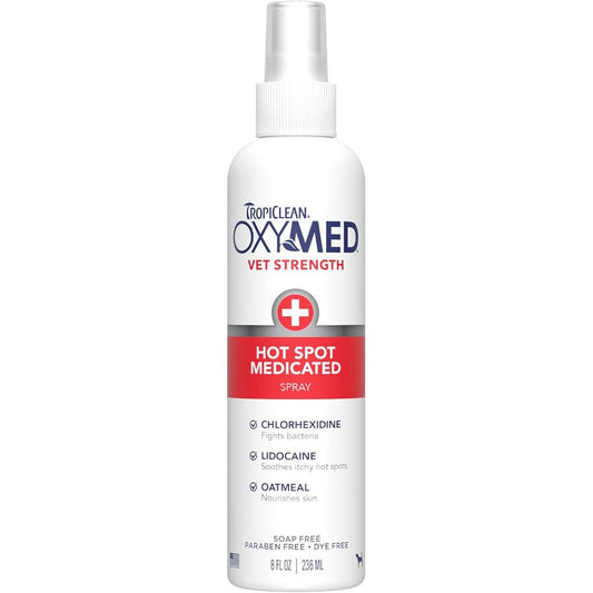 TropiClean OxyMed Hot Spot Spray For Dogs Skin Comfort Grooming Spray With Chlorhexidine Lidocaine And Oatmeal Fragrance Free 8 Ounce