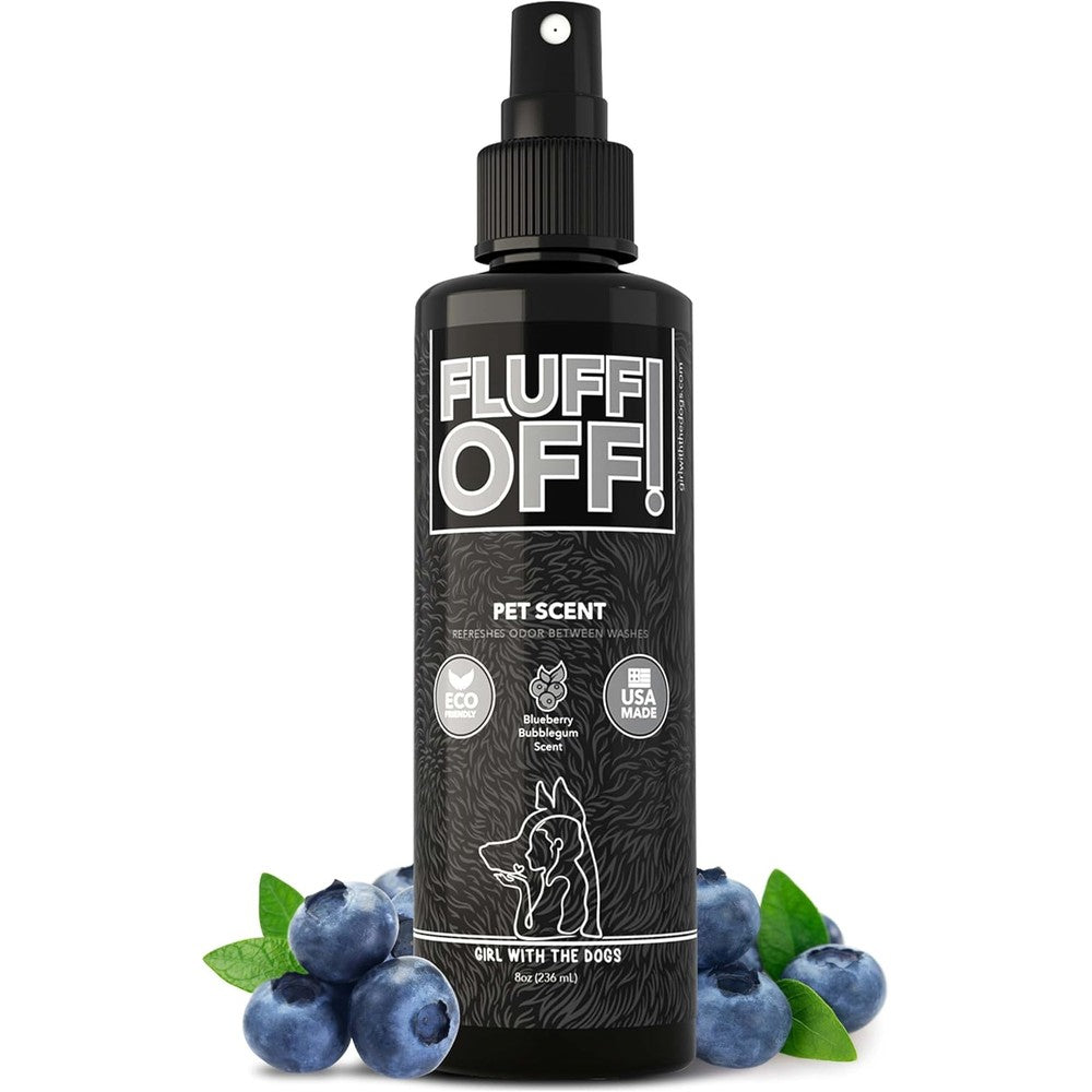 Girl With The Dogs FLUFF OFF Pet Scent Blueberry Bubblegum Deodorizing Spray And Leave In Conditioner For Dogs And Cats Eight Ounce