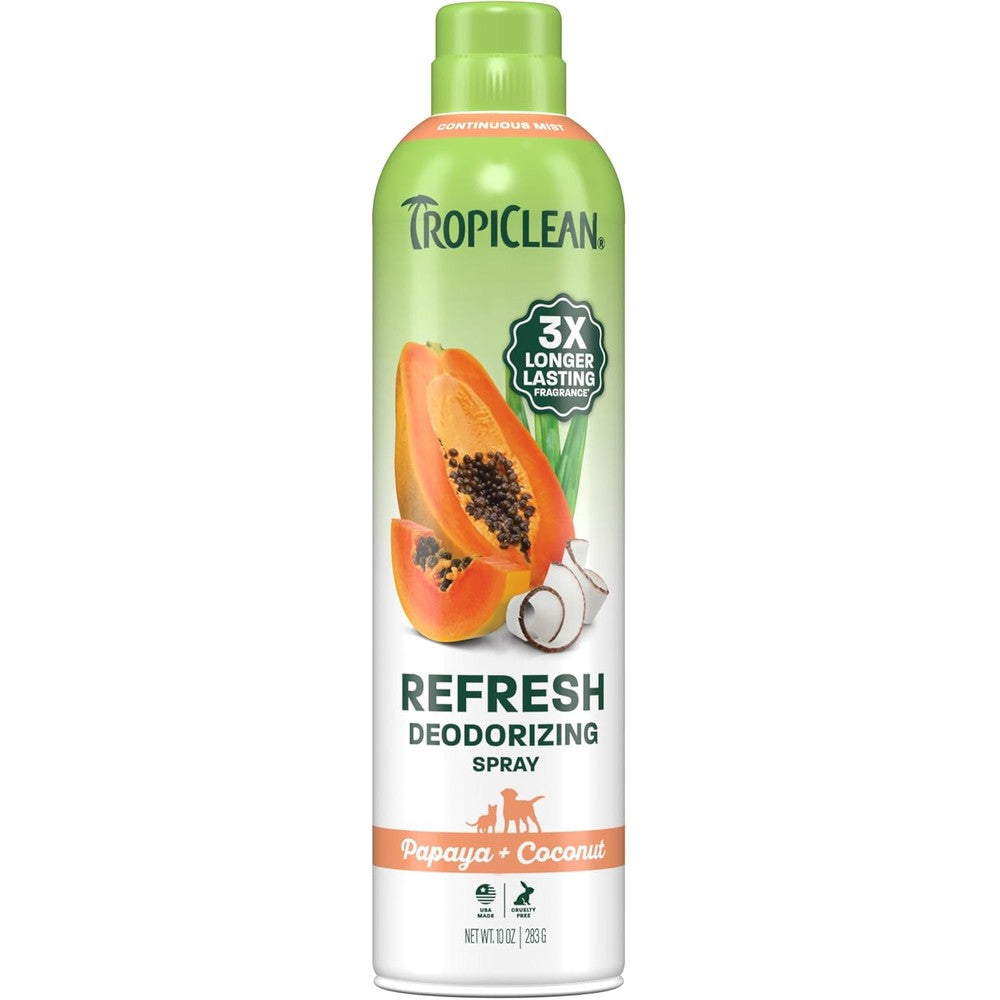 TropiClean Dog Perfume Papaya Scented Deodorizing Spray Long Lasting After Bath Cologne And Detangling Coat Spray With Vitamin E 10 Ounce
