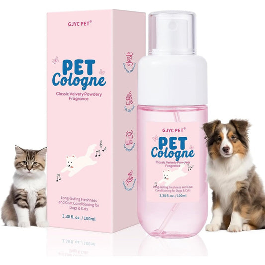 GJYC PET Dog And Cat Cologne Long Lasting Classic Powdery Scent Fur Conditioning Odor Control Deodorizing Spray Three Point Three Eight Fluid Ounces