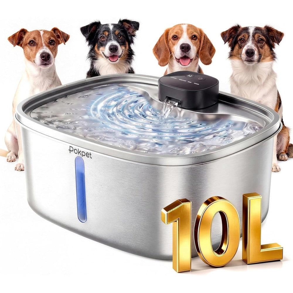 Pokpet Wireless Stainless Steel Water Fountain For Dogs And Cats 10 Liter Large Capacity Automatic Pet Water Dispenser With Led Window And Silent Pump