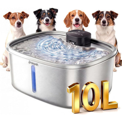 Pokpet Wireless Stainless Steel Water Fountain For Dogs And Cats 10 Liter Large Capacity Automatic Pet Water Dispenser With Led Window And Silent Pump