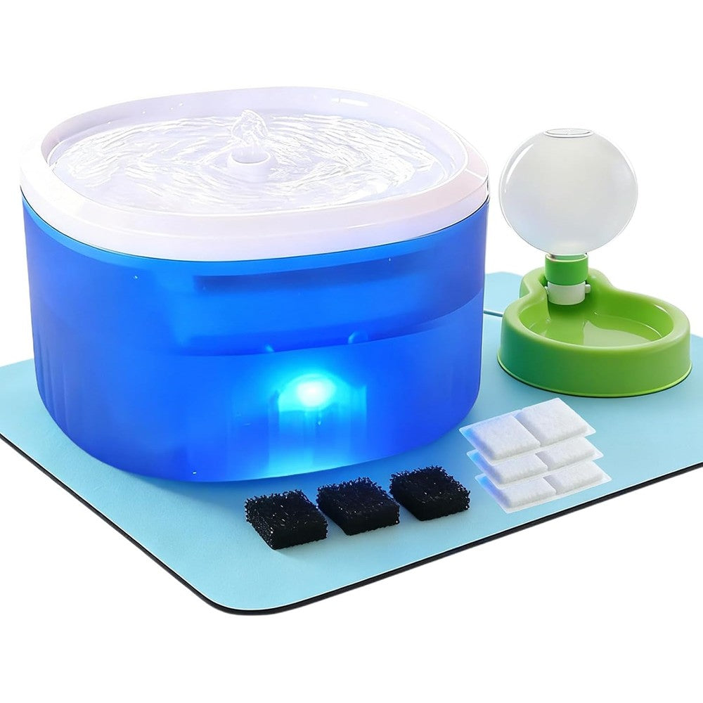 Haxgecgi 2.2 Liter Cat Water Fountain Ultra Quiet Automatic Pet Water Dispenser With 3 Replaceable Filters And Outdoor Water Bottle Blue