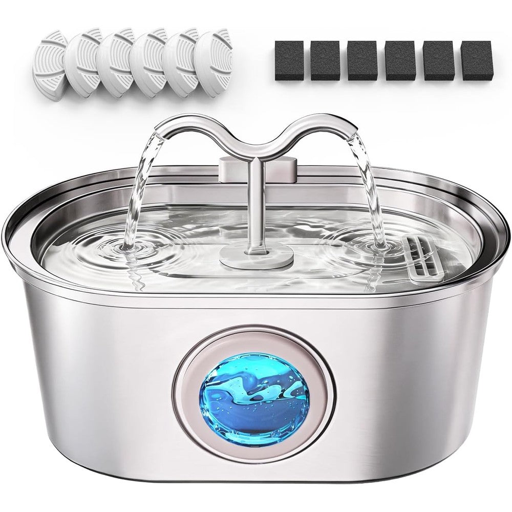 Mukkela Stainless Steel Cat Water Fountain 3.2 Liter 108 Fluid Ounce Automatic Pet Water Dispenser With Dual Spouts And LED Water Level Window