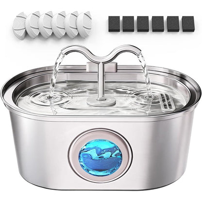 Mukkela Stainless Steel Cat Water Fountain 3.2 Liter 108 Fluid Ounce Automatic Pet Water Dispenser With Dual Spouts And LED Water Level Window