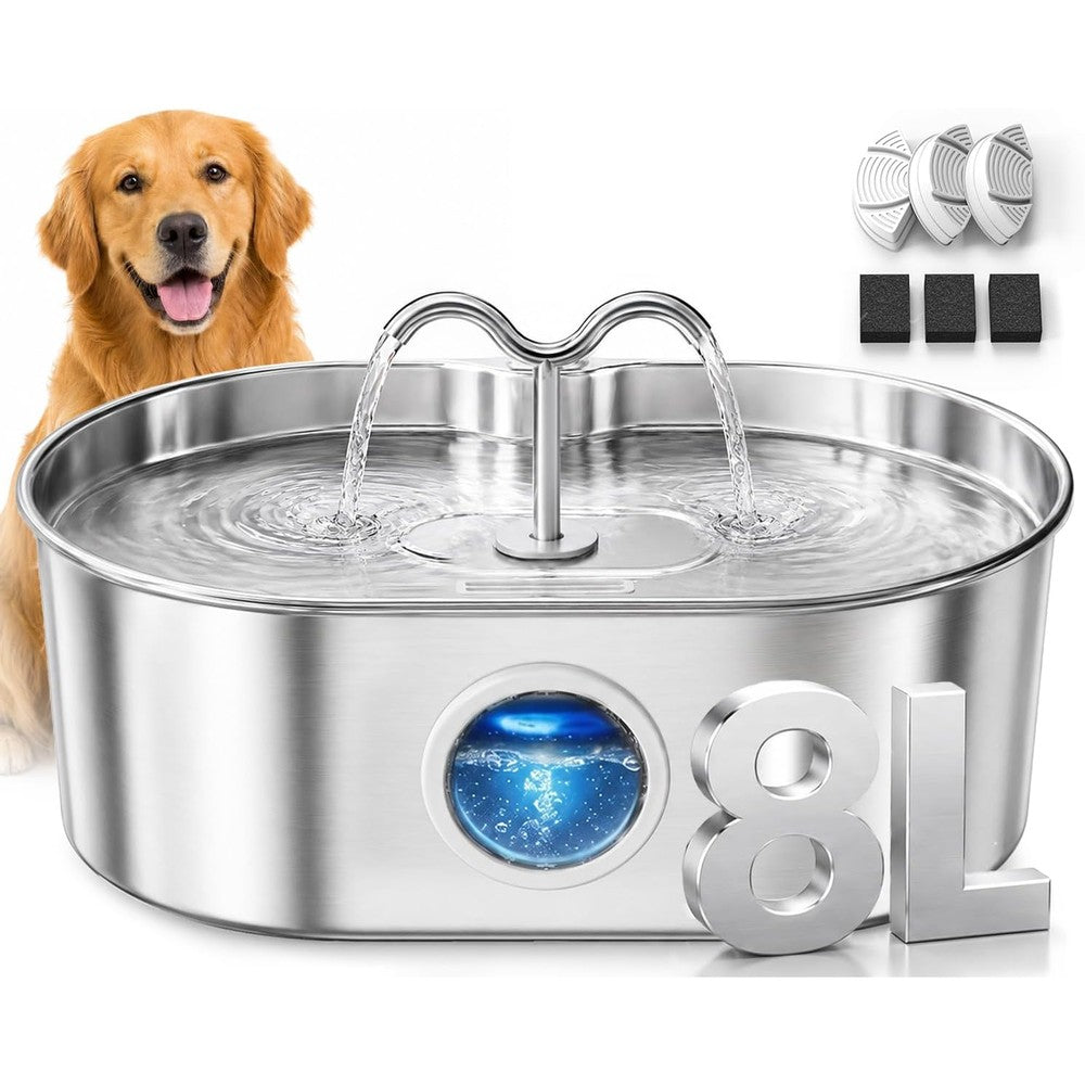 Kenida 8 Liter Stainless Steel Pet Water Fountain For Large Dogs And Cats With Automatic Filtration And LED Water Level Indicator
