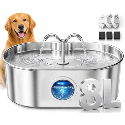 Kenida 8 Liter Stainless Steel Pet Water Fountain For Large Dogs And Cats With Automatic Filtration And LED Water Level Indicator