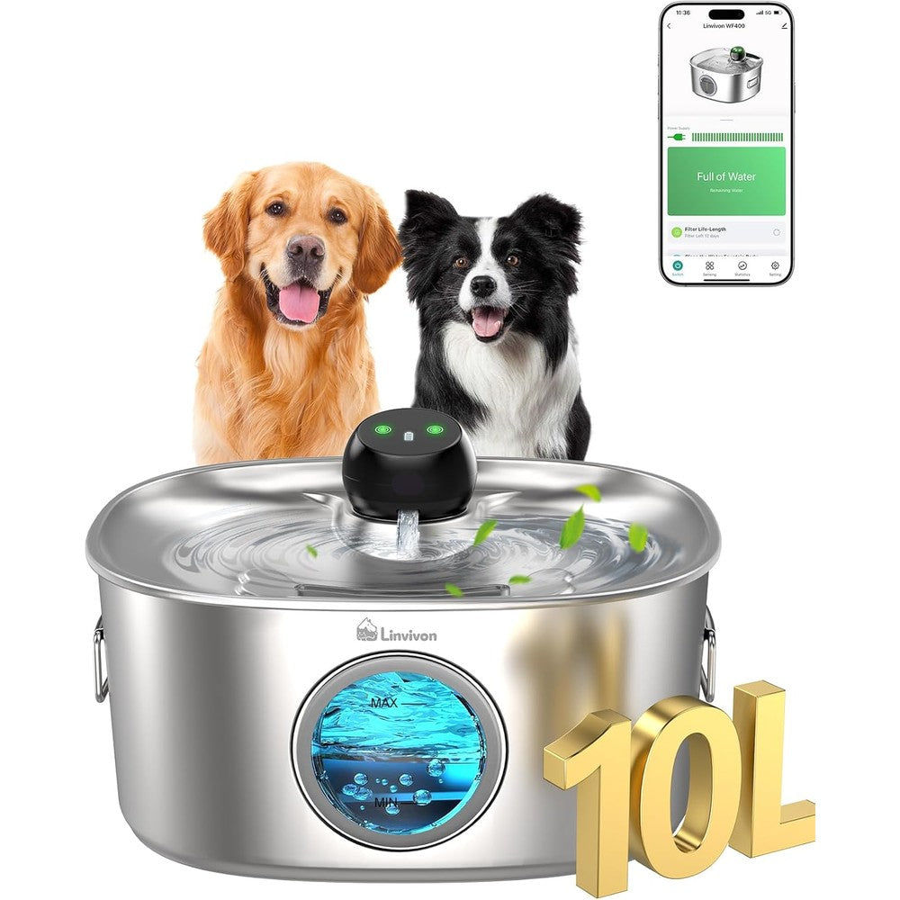 Linvivon 10 Liter Smart Dog Water Fountain With App Control And Stainless Steel Basin For Large Dogs And Multi-Pet Homes