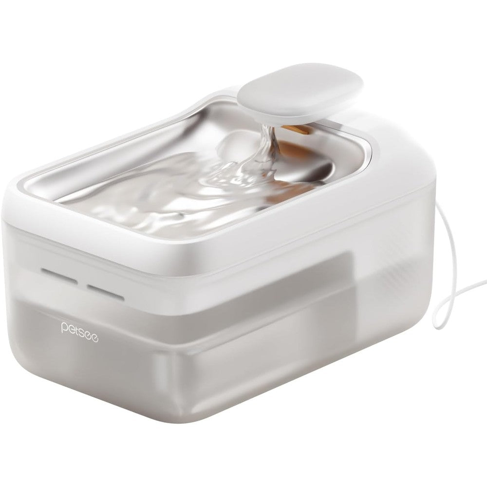 Petsee Automatic Pet Water Fountain 4.5 Liter Large Capacity Stainless Steel Drink Tray Ultra Quiet Pump Multi Filtration System S7 Lite White