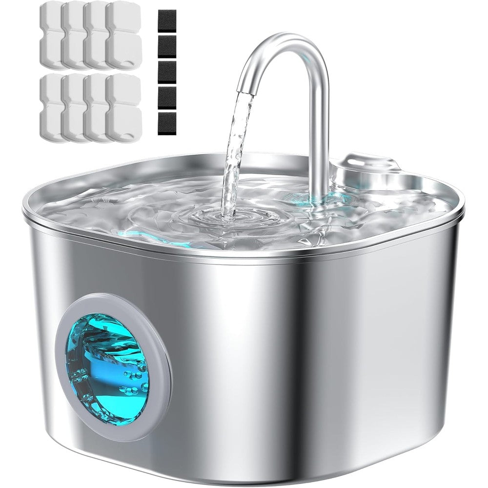 Hooise Stainless Steel Cat Water Fountain 2.2 Liter Automatic Dispenser With 8 Filters And 5 Sponges For Cats And Small Dogs
