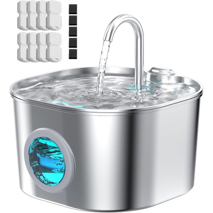 Hooise Stainless Steel Cat Water Fountain 2.2 Liter Automatic Dispenser With 8 Filters And 5 Sponges For Cats And Small Dogs