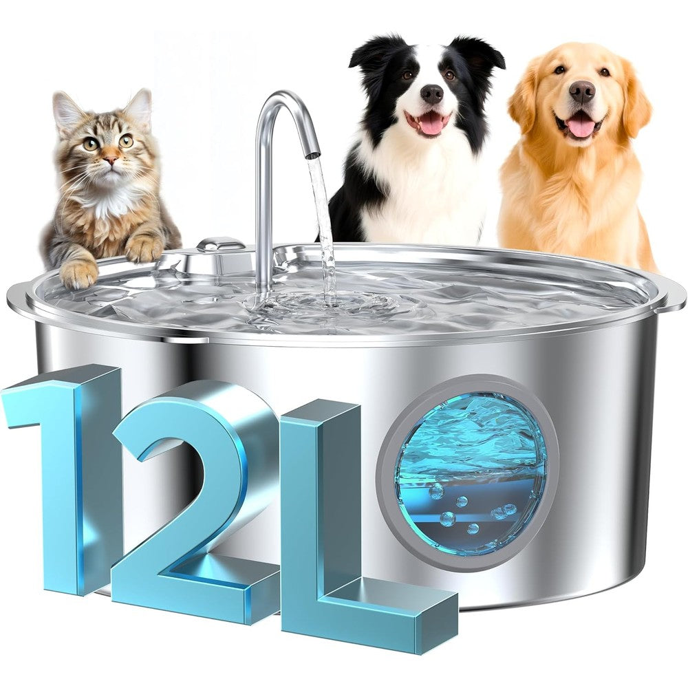 Grookpet Stainless Steel Dog Water Fountain For Large Dogs 12 Liters 406 Fluid Ounces With Quiet Pump And Visual Water Level Window