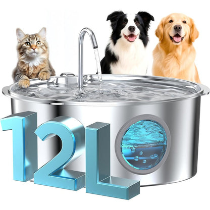 Grookpet Stainless Steel Dog Water Fountain For Large Dogs 12 Liters 406 Fluid Ounces With Quiet Pump And Visual Water Level Window