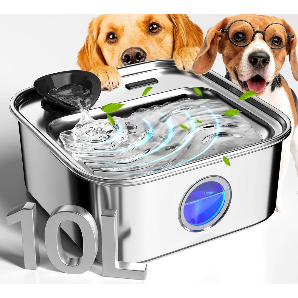 Oneisall 10 Liter Stainless Steel Dog Water Fountain For Large Dogs With Triple Filtration System And Visual Water Window Level Indicator