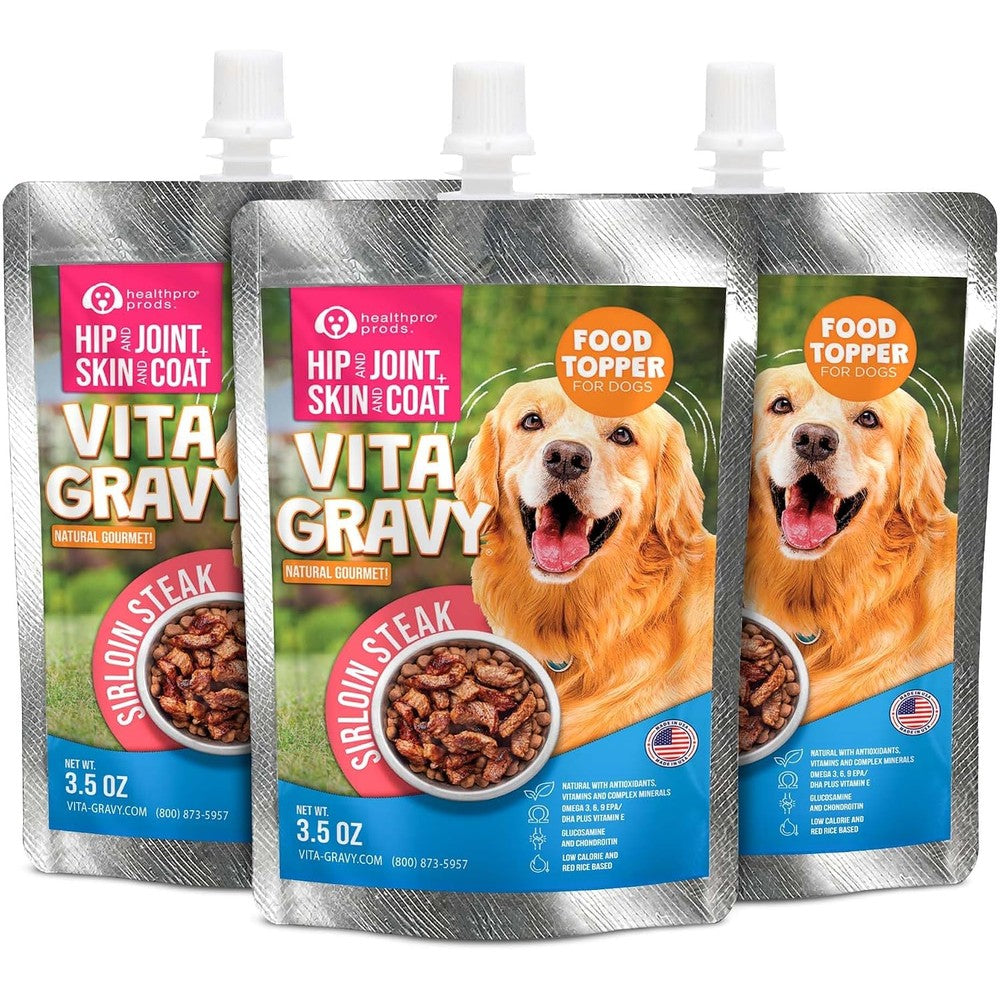 Healthpro Prods VitaGravy Dog Food Topper Real Sirloin Steak Flavor Gravy Meal Enhancer For Joint Skin Health Three Point Five Ounce Three Pack