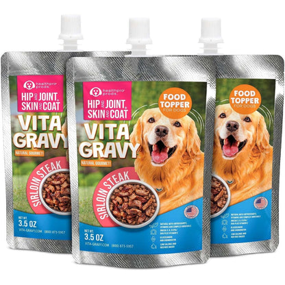 Healthpro Prods VitaGravy Dog Food Topper Real Sirloin Steak Flavor Gravy Meal Enhancer For Joint Skin Health Three Point Five Ounce Three Pack