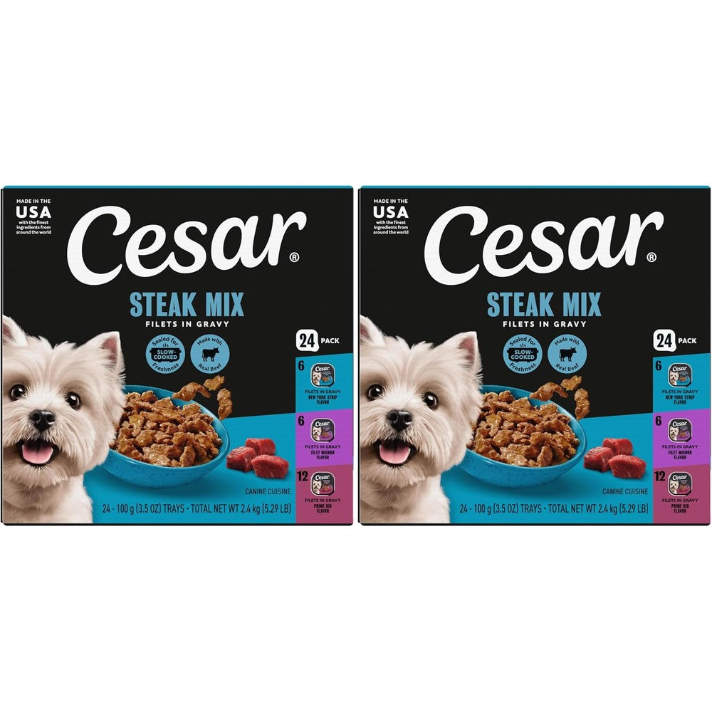 Cesar Filets In Gravy Adult Wet Dog Food Variety Package Steakhouse Mix Filet Mignon New York Strip And Prime Rib Flavors Three Point Five Ounce Tr...