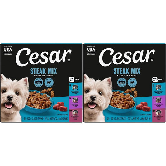 Cesar Filets In Gravy Adult Wet Dog Food Variety Package Steakhouse Mix Filet Mignon New York Strip And Prime Rib Flavors Three Point Five Ounce Tr...