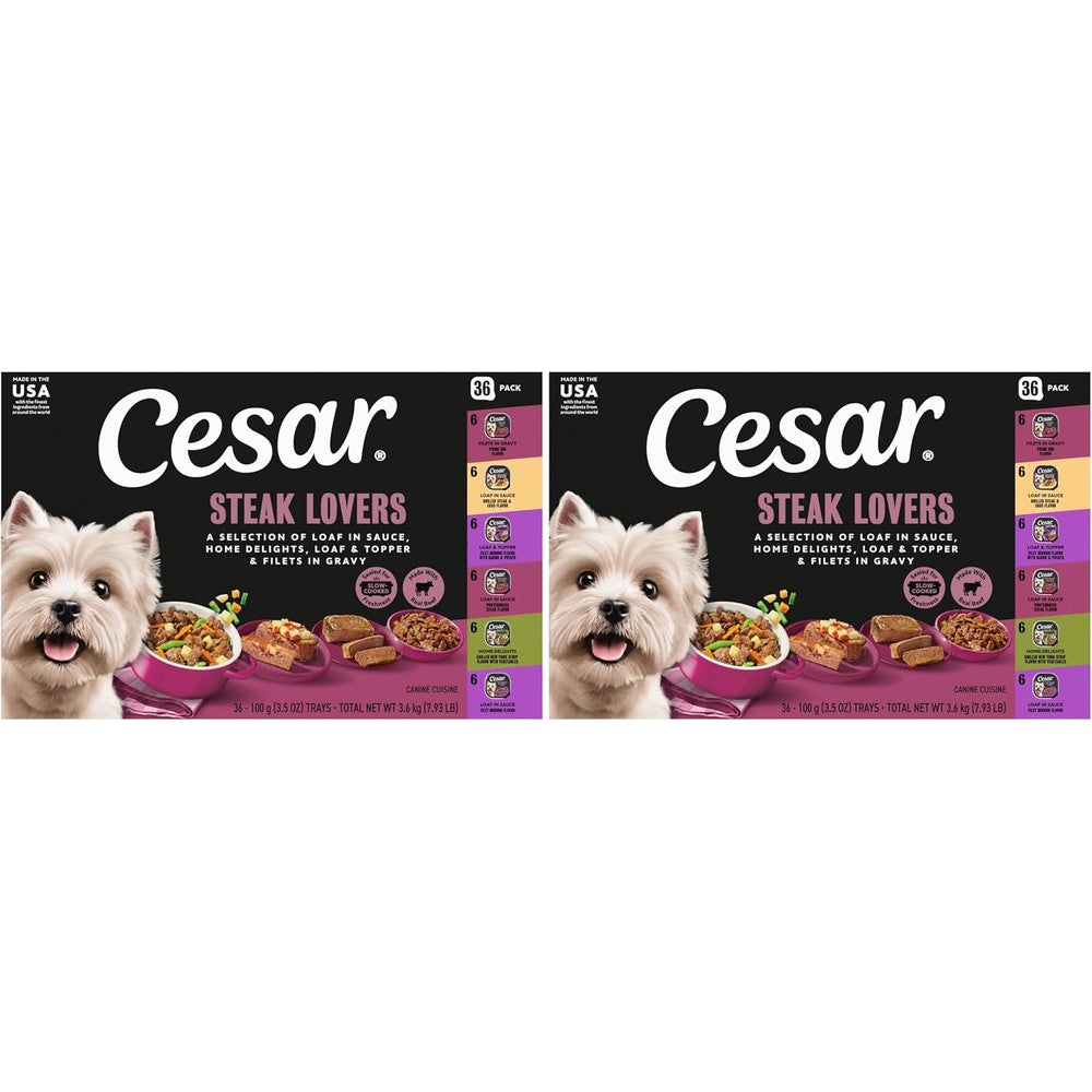 Cesar Adult Wet Dog Food Steak Lovers Variety Pack Real Meat Three Point Five Ounce Easy Peel Trays Thirty Six Count Pack Of Two