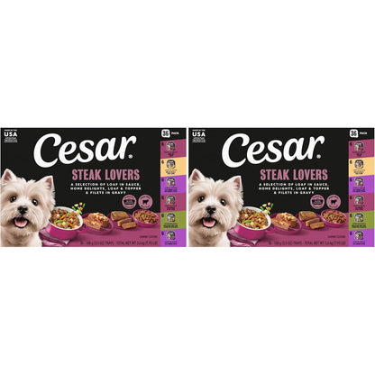 Cesar Adult Wet Dog Food Steak Lovers Variety Pack Real Meat Three Point Five Ounce Easy Peel Trays Thirty Six Count Pack Of Two