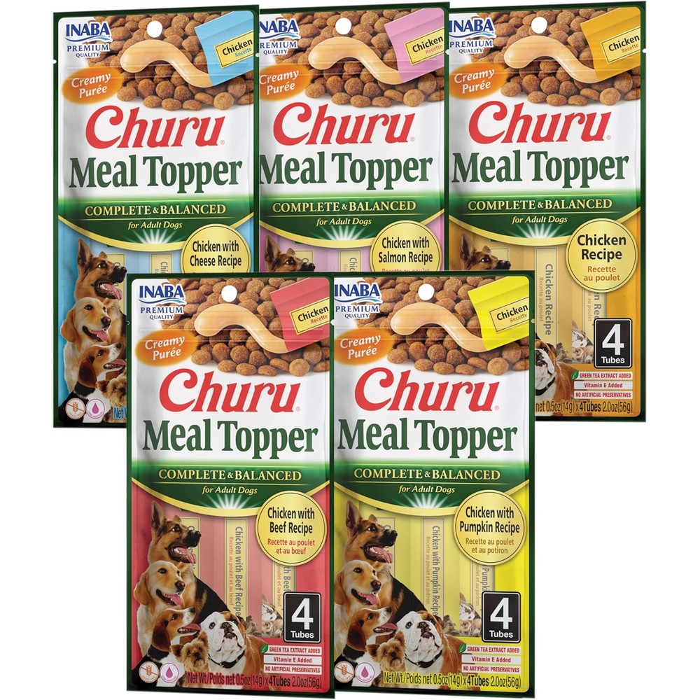 INABA Churu Meal Topper For Dogs Complete And Balanced Creamy Lickable Puree Food Topper Five Flavor Variety Pack Half Ounce Tube Twenty Tubes