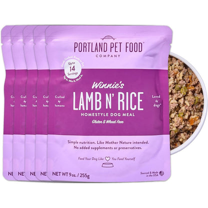 Portland Pet Food Company Fresh Dog Food Pouches Gluten Free Winnie's Lamb And Rice Wet Meal Topper For Puppy And Senior Dogs 9 Ounce 5 Pack