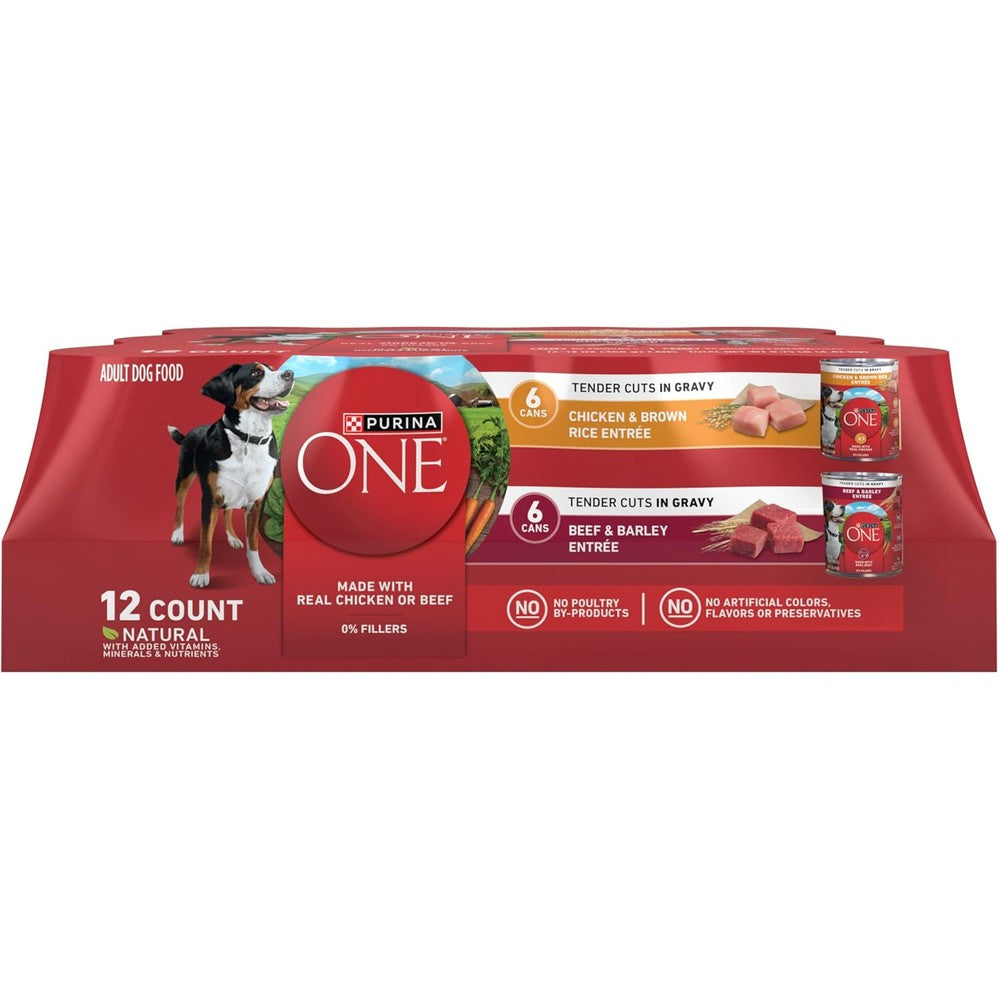 Purina ONE Tender Cuts In Gravy Chicken And Brown Rice And Beef And Barley Entrees High Protein Wet Dog Food Variety Pack Twelve Cans Thirteen Ounces