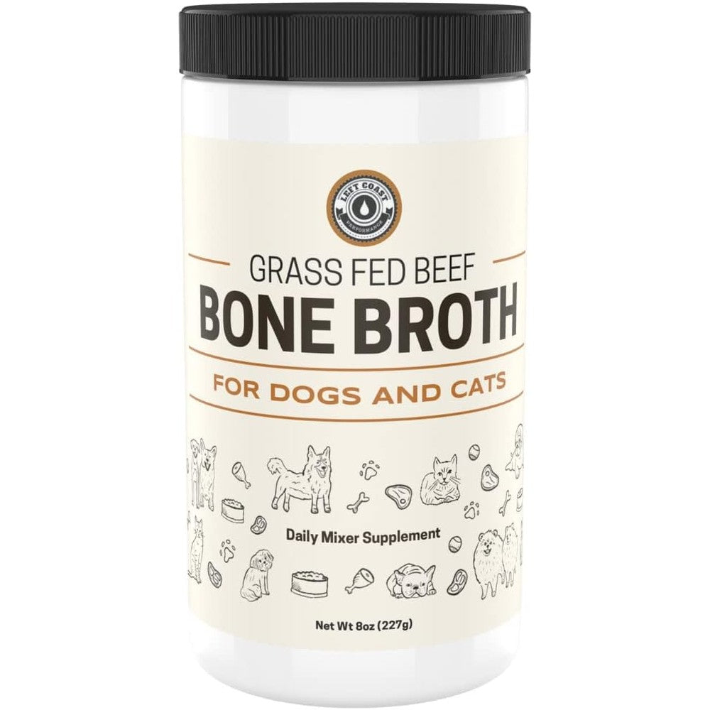 Left Coast Performance Premium Human Grade Grass Fed Beef Bone Broth Powder Topper for Dogs and Cats Joint and Gut Health Support Eight Ounce