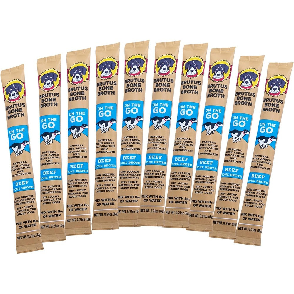 Brutus Bone Broth For Dogs Beef Flavor Bone Broth Powder Food Topper With Chondroitin Glucosamine And Turmeric Human Grade 10 Stick Packs