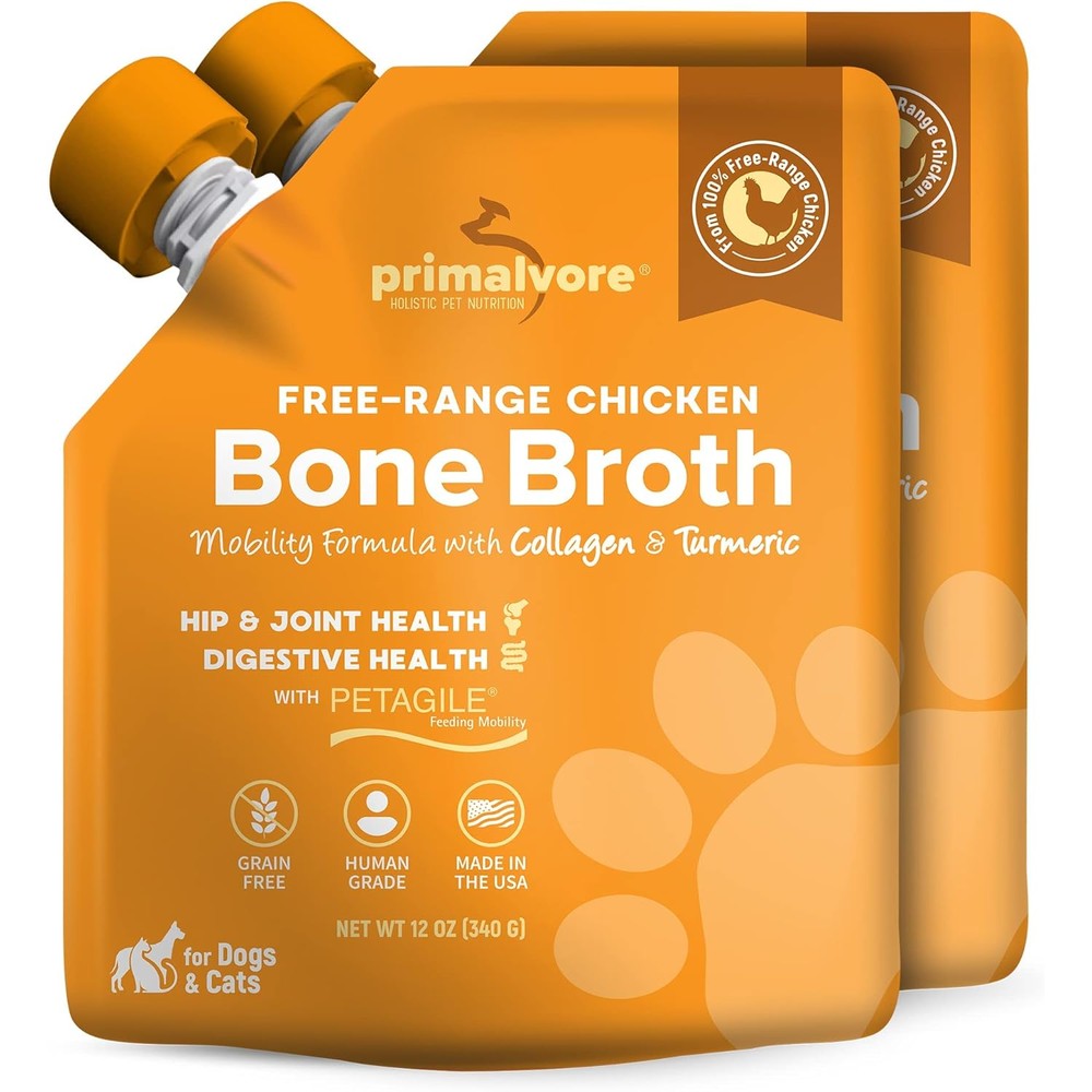 Primalvore Free Range Chicken Bone Broth Mobility Formula With Collagen Peptides For Dogs And Cats 12 Ounce 2 Pack