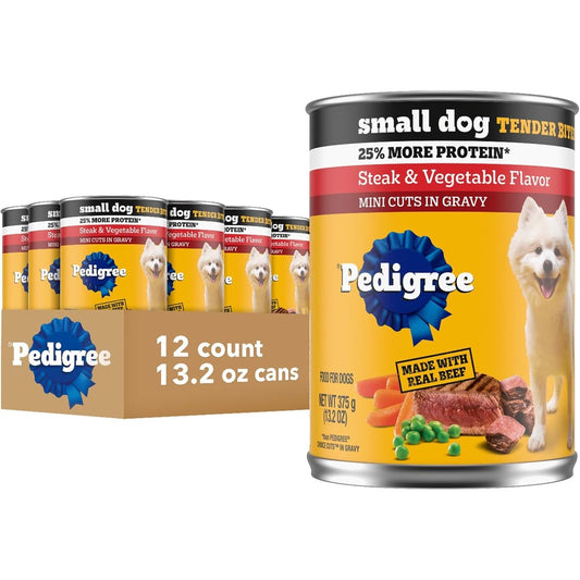 Pedigree Small Dog Tender Bites In Gravy Wet Dog Food Cans Steak And Vegetable Flavor 13.2 Ounce Cans For Adult Small Breed Dogs 12 Count