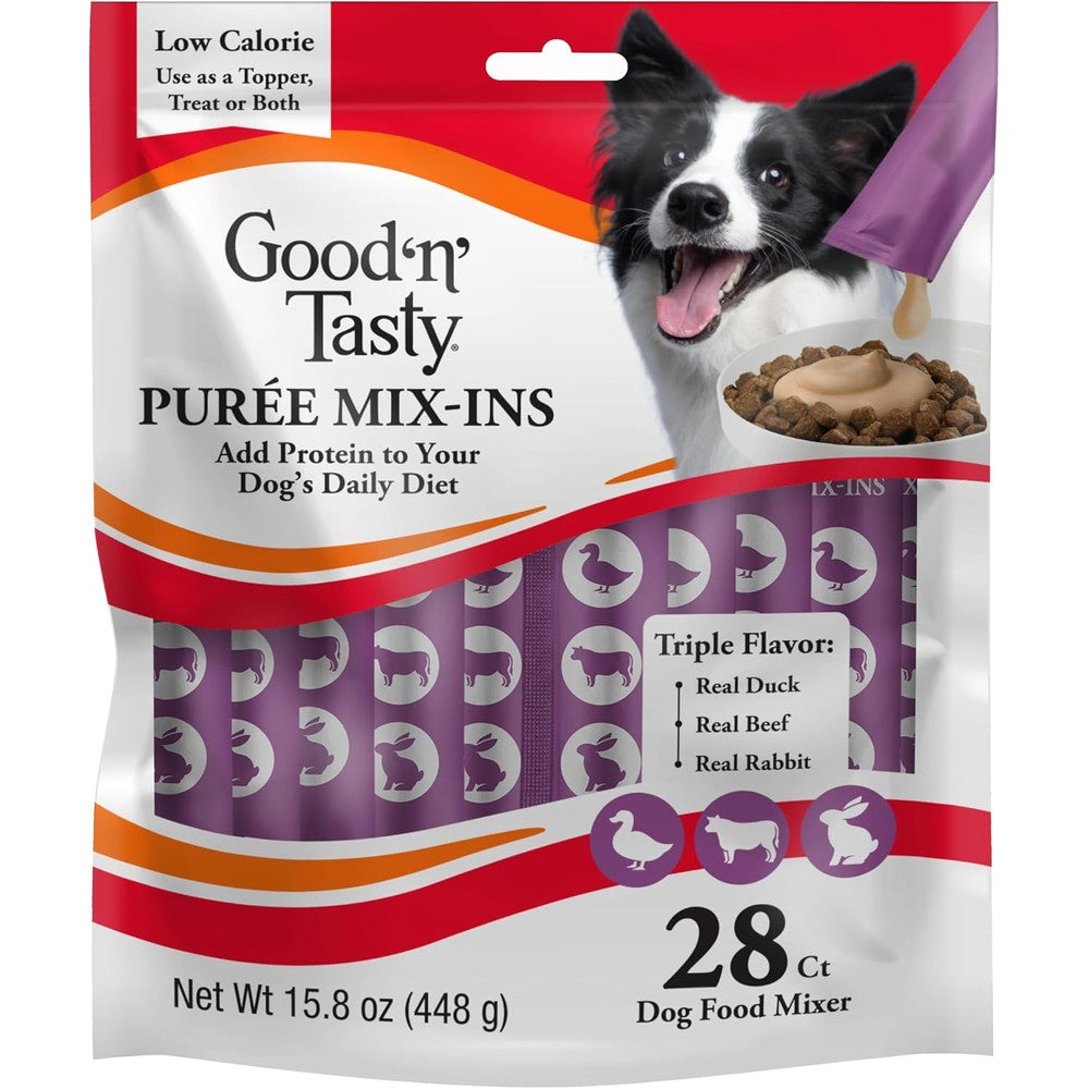 Good 'n' Tasty Triple Flavor Puree Mix-Ins Dog Food Topper Treats For All Dogs, 28 Count, Duck, Beef, And Rabbit Formula