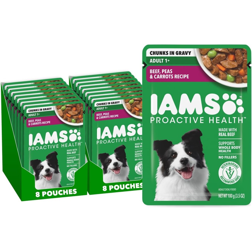 IAMS Proactive Health Adult Wet Dog Food Beef Peas And Carrots Recipe Chunks In Gravy For Small And Medium Dogs 3.5 Ounce Pouch 16 Count
