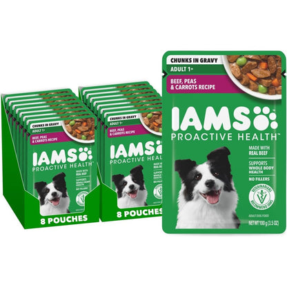 IAMS Proactive Health Adult Wet Dog Food Beef Peas And Carrots Recipe Chunks In Gravy For Small And Medium Dogs 3.5 Ounce Pouch 16 Count