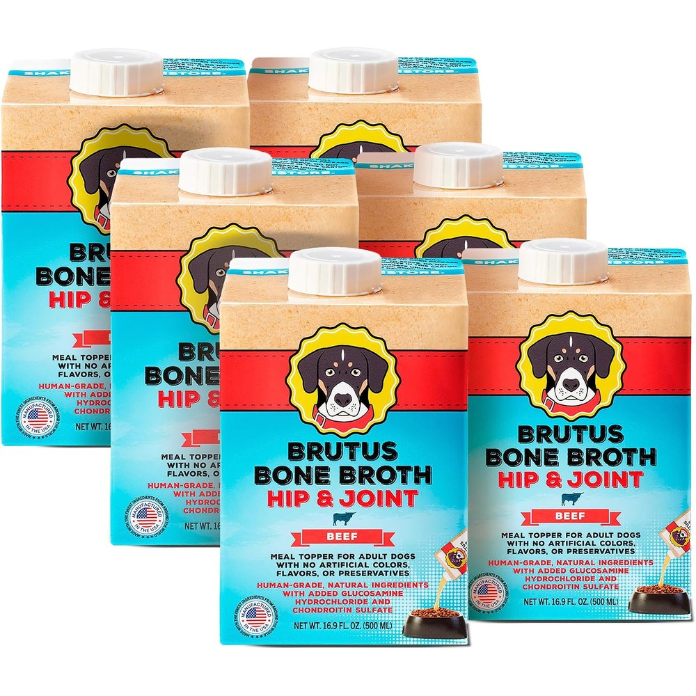 Brutus Bone Broth All Natural Beef Bone Broth For Dogs Food Topper With Glucosamine Chondroitin Turmeric Sixteen Point Nine Fluid Ounce Pack Of Six