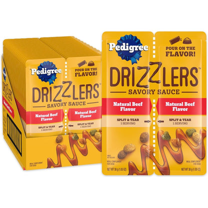 Pedigree Drizzlers Wet Dog Food Gravy Savory Sauce Natural Beef Flavor Topper Sixty Gram Dual Serving Pouches Twenty Two Count Pack