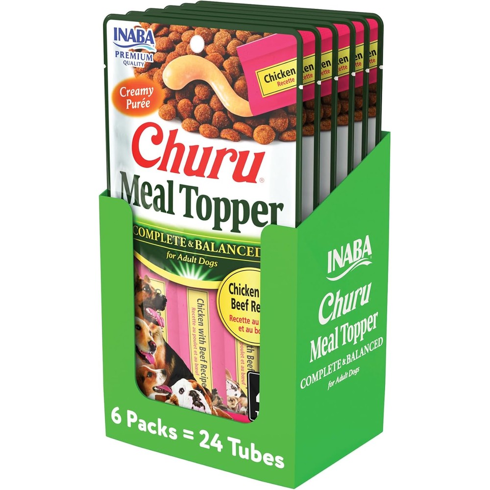 INABA Churu Meal Topper For Dogs Complete And Balanced Creamy Lickable Purée Dog Food Topper Chicken With Beef Recipe 0.5 Ounce Tube 24 Tubes