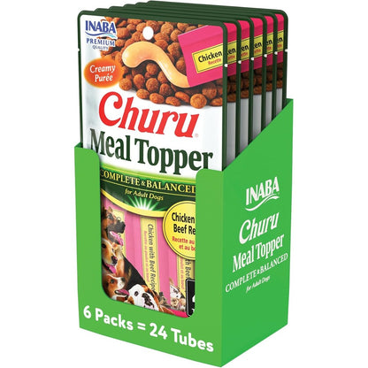 INABA Churu Meal Topper For Dogs Complete And Balanced Creamy Lickable Purée Dog Food Topper Chicken With Beef Recipe 0.5 Ounce Tube 24 Tubes
