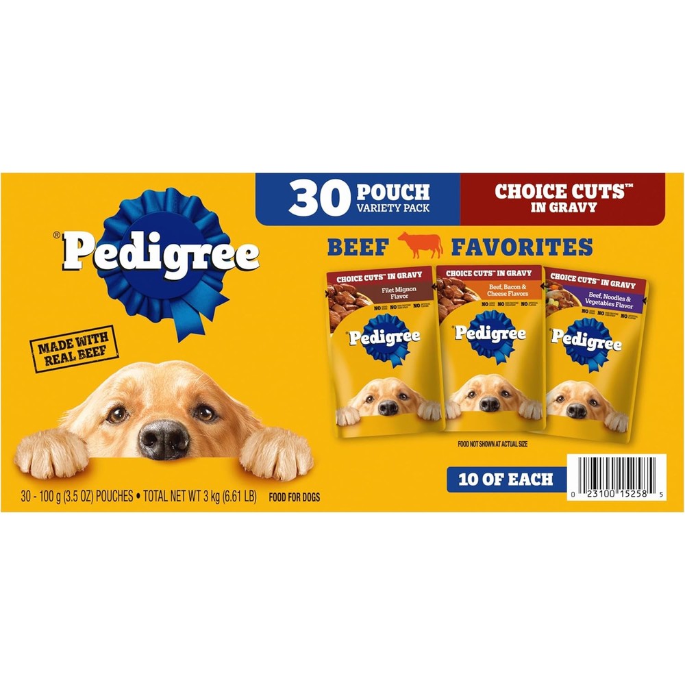 Pedigree Choice Cuts In Gravy Adult Wet Dog Food Premium Beef Flavor Variety Pack Thirty Count Three Point Five Ounce Pouches