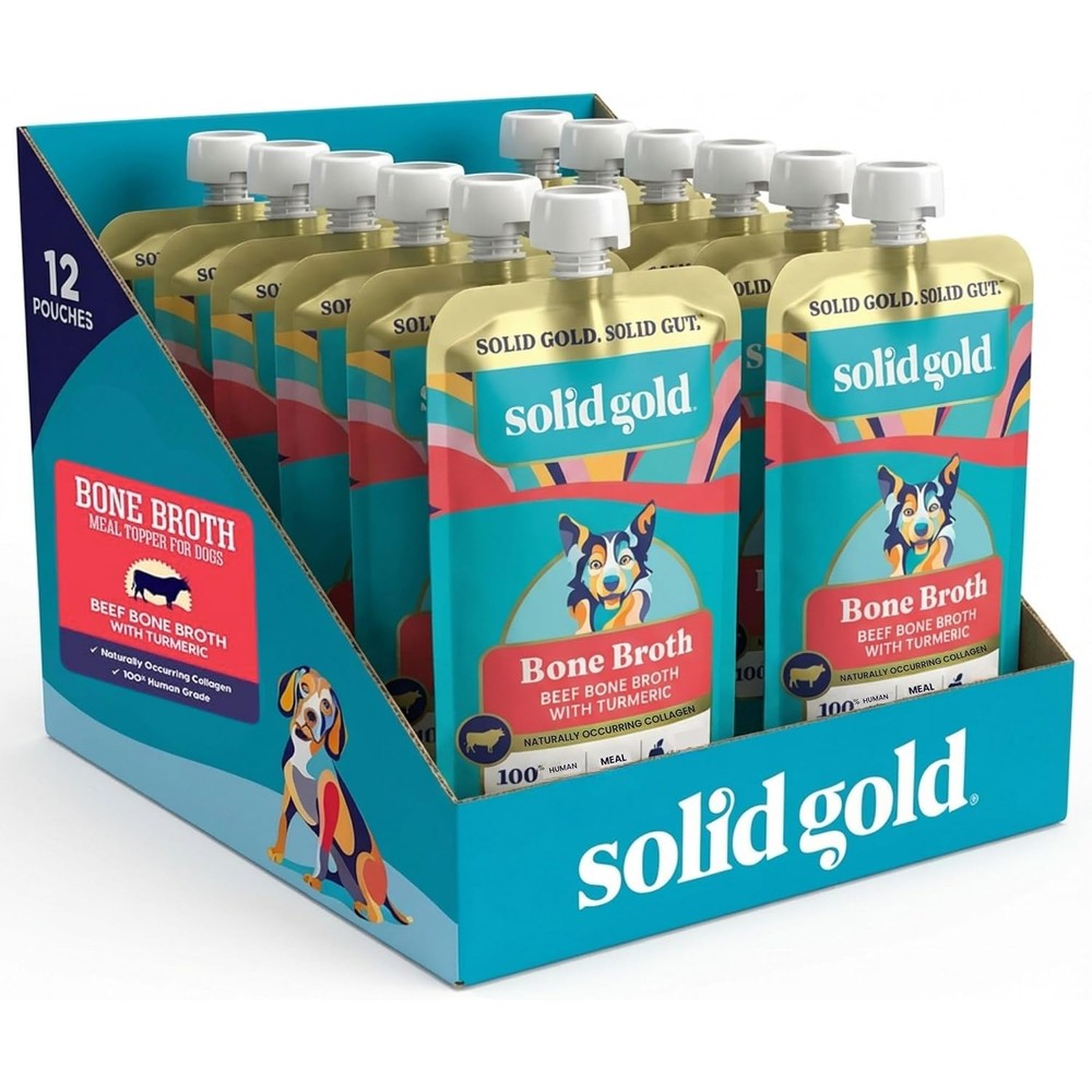 Solid Gold Beef Bone Broth With Turmeric Dog Food Topper Liquid Gravy For Picky Eaters Joint And Gut Health 236 Milliliters Pack Of 12