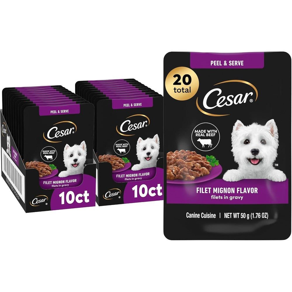Cesar Filets In Gravy Wet Dog Food Filet Mignon Flavor Gourmet Adult Wet Dog Food Mini Pouches 1.76 Ounce 20 Count Pack