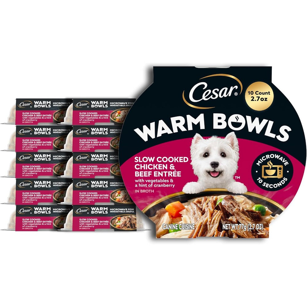 Cesar Warm Bowls Adult Wet Dog Food Slow Cooked Chicken And Beef Entree With Vegetables And Cranberry In Broth Two Point Seven Ounce Bowls Ten Count