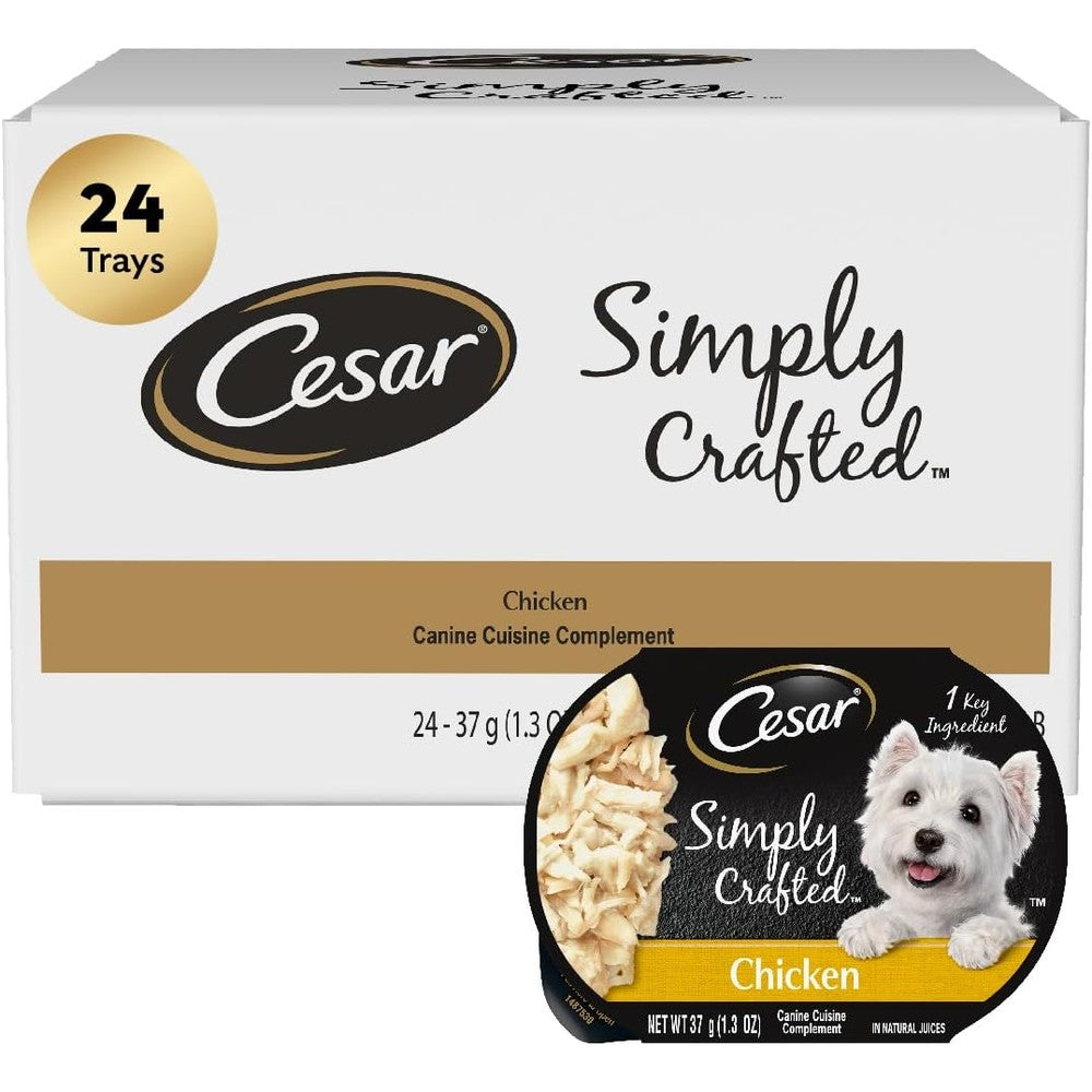 Cesar Simply Crafted Adult Wet Dog Food Toppers For Dry Food Chicken Flavor 1.3 Ounce Tubs 24 Count Pack