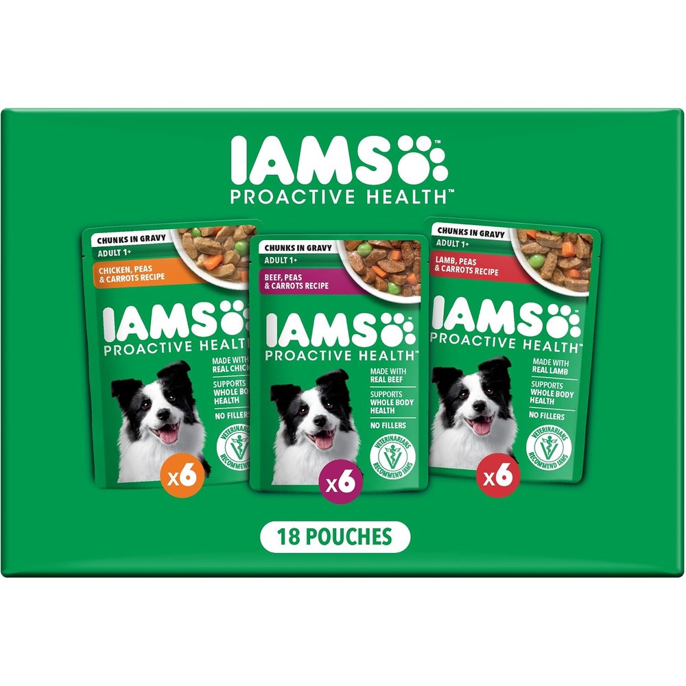 IAMS Proactive Health Adult Wet Dog Food Variety Pack Chunks In Gravy Three Point Five Ounce Pouches Eighteen Count