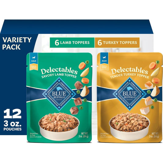 Blue Buffalo Delectables Natural Wet Dog Food Topper Variety Pack Savory Lamb And Tender Turkey Tender Cuts In Gravy Three Ounce Twelve Pouches